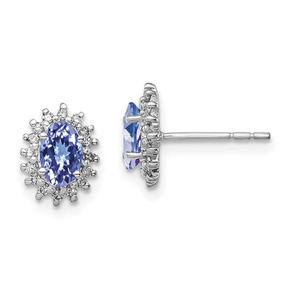 Sterling Silver Rhodium Plated Diamond Tanzanite Oval Post Earrings