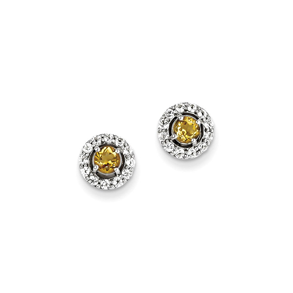 Sterling Silver Rhodium Plated White Topaz Citrine Round Earrings