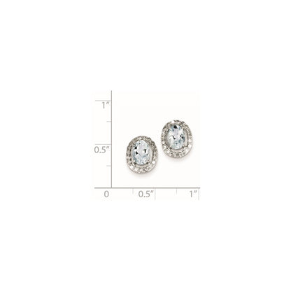 Sterling Silver Rhodium Plated Dia. u0026 Aquamarine Oval Post Earrings