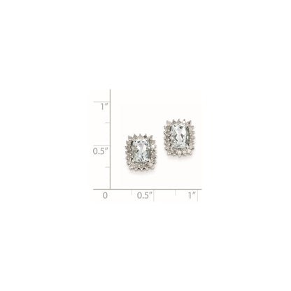 Sterling Silver Rhodium Plated Diamond Aquamarine Post Earrings