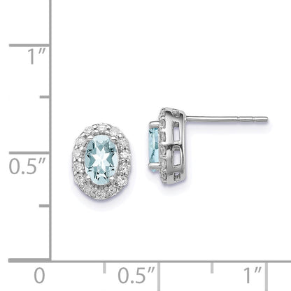 Sterling Silver Rhodium Plated Dia. u0026 Aquamarine Oval Post Earrings