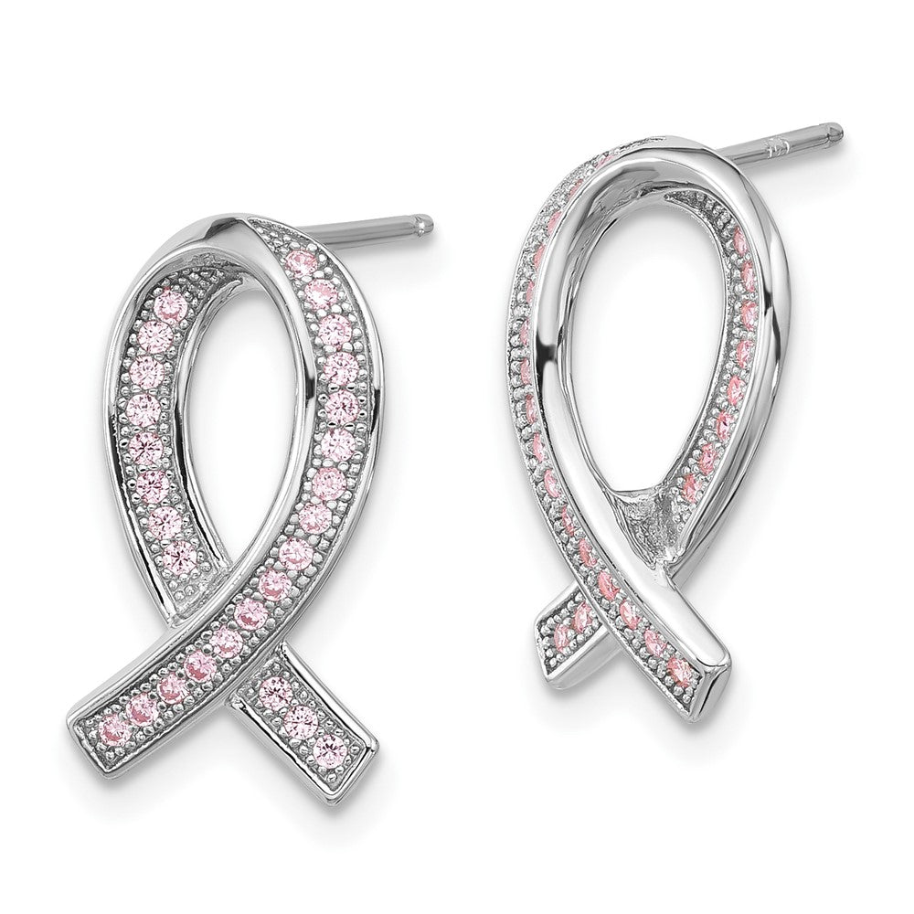 Brilliant Embers Sterling Silver Rhodium-plated 52 Stone Micro Pav?ÇÜ Pink CZ Awareness Ribbon Post Earrings