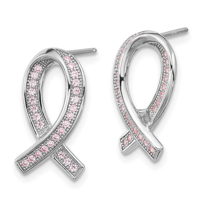 Brilliant Embers Sterling Silver Rhodium-plated 52 Stone Micro Pav?ÇÜ Pink CZ Awareness Ribbon Post Earrings