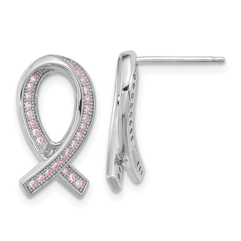 Brilliant Embers Sterling Silver Rhodium-plated 52 Stone Micro Pav?ÇÜ Pink CZ Awareness Ribbon Post Earrings