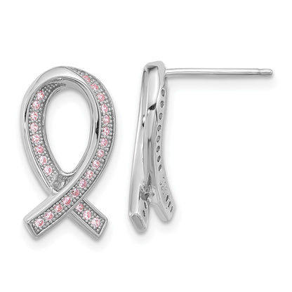Brilliant Embers Sterling Silver Rhodium-plated 52 Stone Micro Pav?ÇÜ Pink CZ Awareness Ribbon Post Earrings