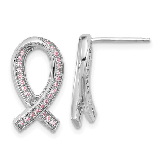 Brilliant Embers Sterling Silver Rhodium-plated 52 Stone Micro Pav?ÇÜ Pink CZ Awareness Ribbon Post Earrings