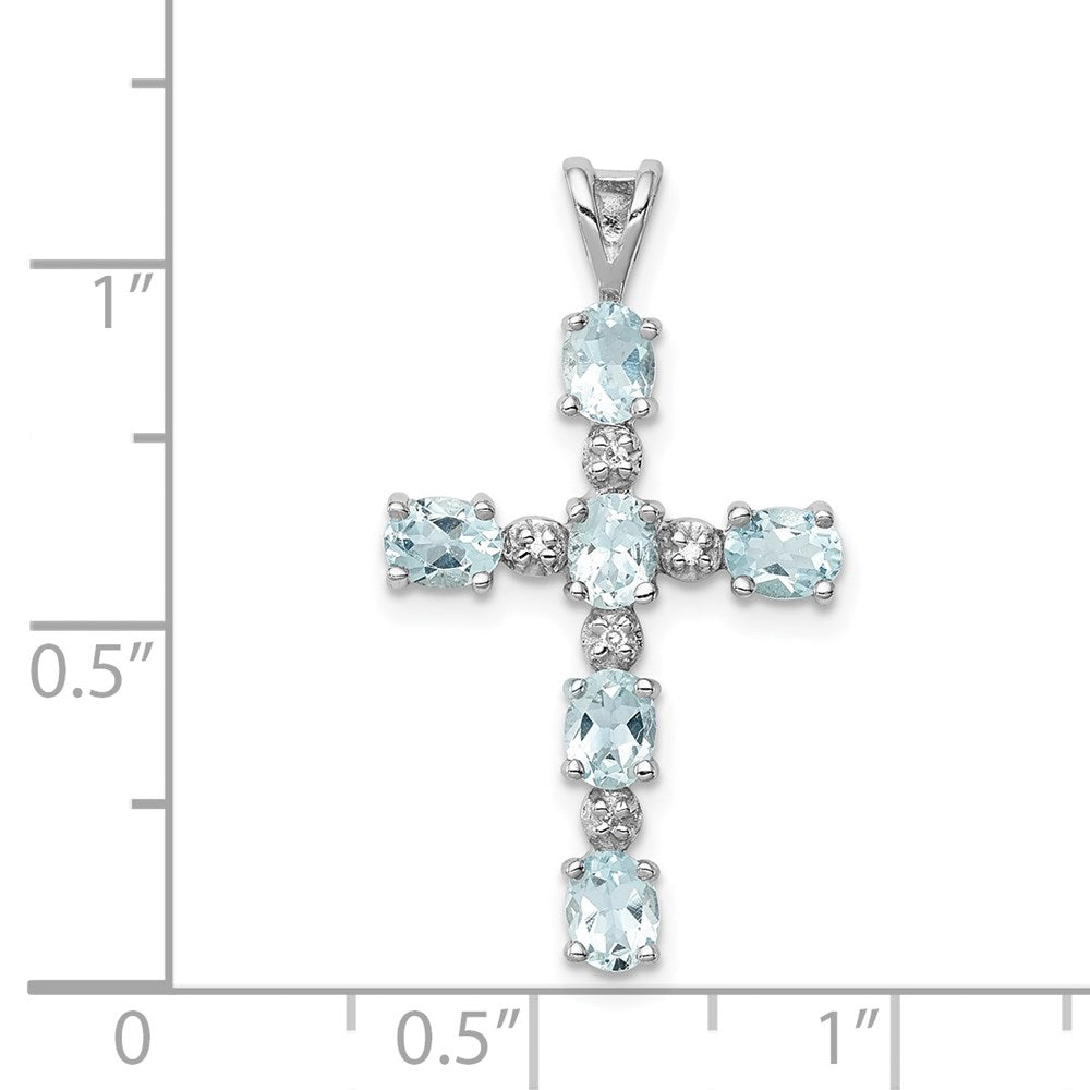 Sterling Silver Rhodium Plated Diamond u0026 Aquamarine Cross Pendant