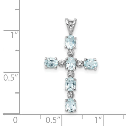 Sterling Silver Rhodium Plated Diamond u0026 Aquamarine Cross Pendant
