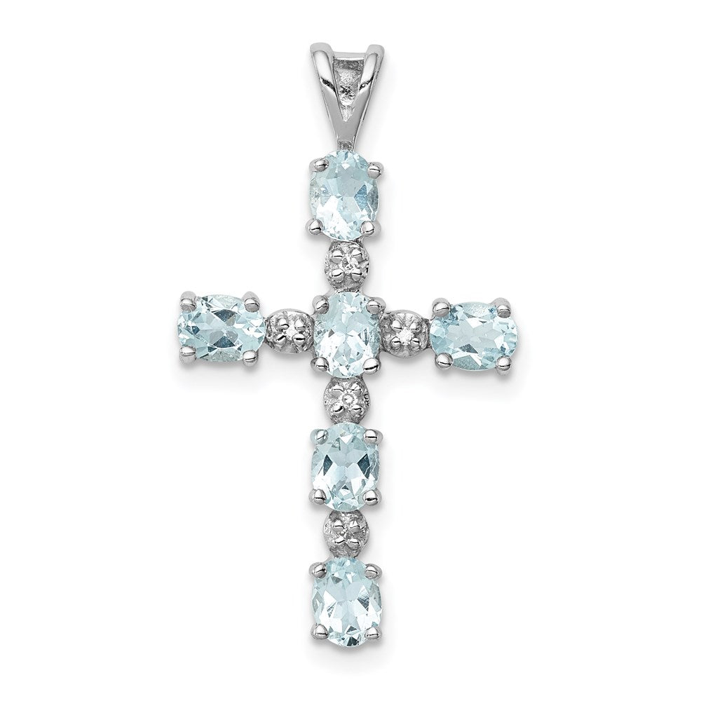 Sterling Silver Rhodium Plated Diamond u0026 Aquamarine Cross Pendant