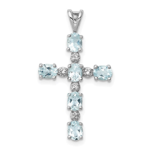 Sterling Silver Rhodium Plated Diamond u0026 Aquamarine Cross Pendant