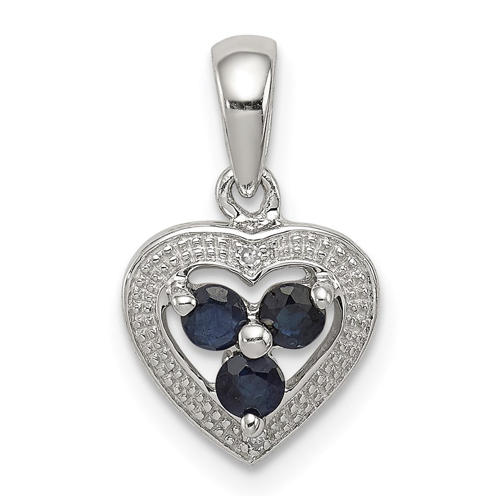 Sterling Silver Rhodium Plated Diamond and Sapphire Heart Pendant