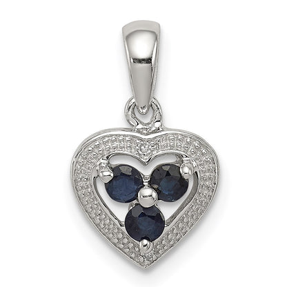 Sterling Silver Rhodium Plated Diamond and Sapphire Heart Pendant