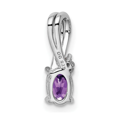 Sterling Silver Rhodium Plated Diamond Amethyst Oval Pendant