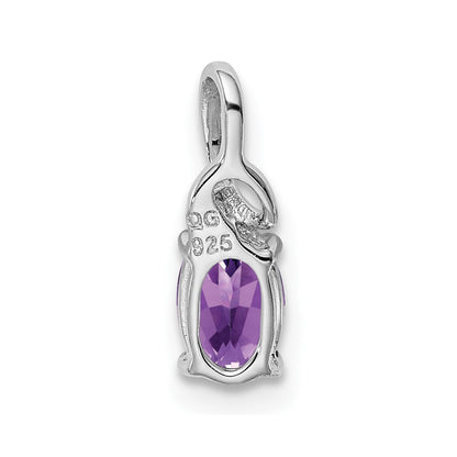 Sterling Silver Rhodium Plated Diamond Amethyst Oval Pendant