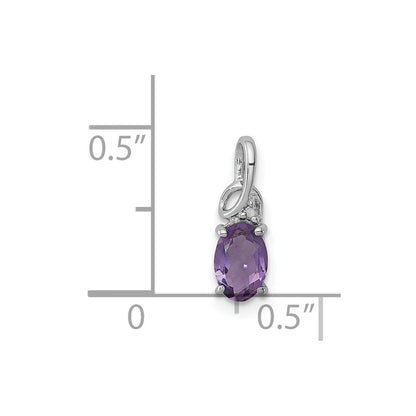 Sterling Silver Rhodium Plated Diamond Amethyst Oval Pendant