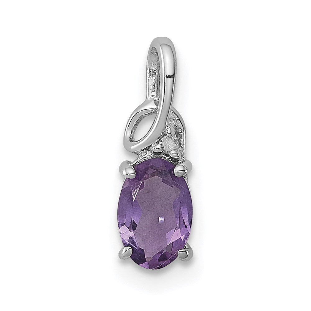Sterling Silver Rhodium Plated Diamond Amethyst Oval Pendant