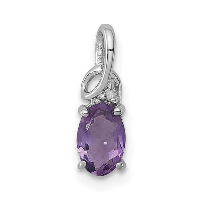 Sterling Silver Rhodium Plated Diamond Amethyst Oval Pendant