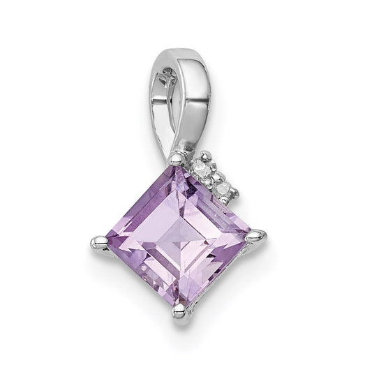 Sterling Silver Rhodium Plated Diamond u0026 Amethyst Square Pendant