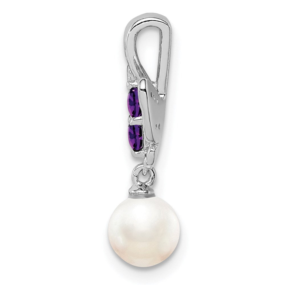 Sterling Silver Rhodium FW Cultured Pearl Amethyst Diamond Pendant