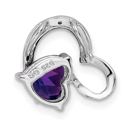 Sterling Silver Rhodium Plated Diamond and Amethyst Heart Chain Slide