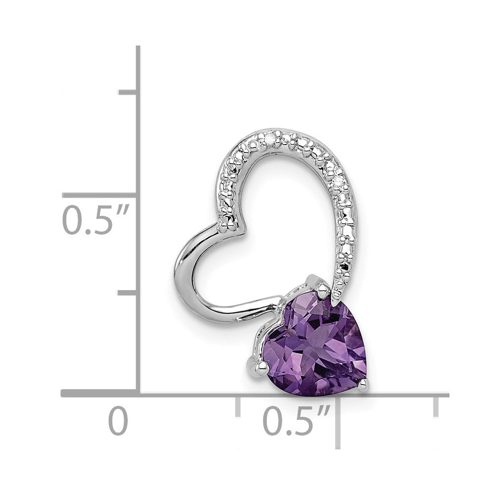 Sterling Silver Rhodium Plated Diamond and Amethyst Heart Chain Slide