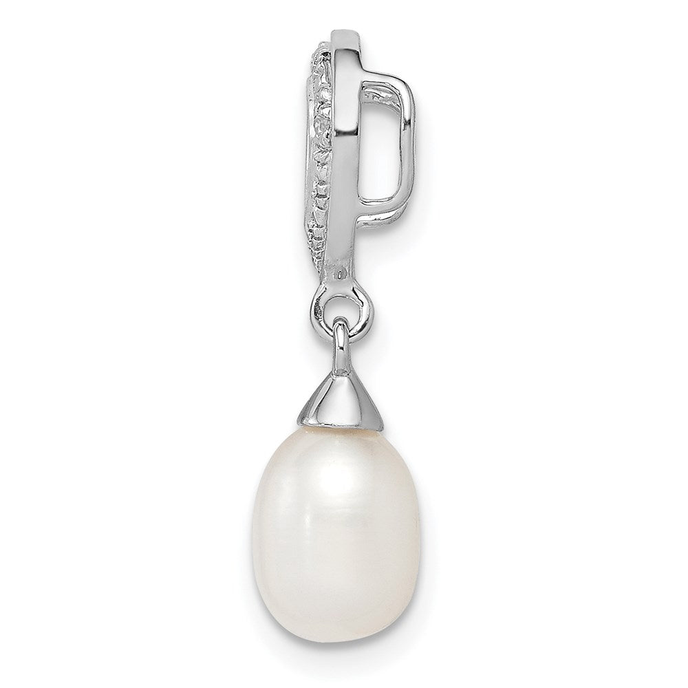Sterling Silver Rhodium Plated Diamond FW Cultured Pearl Chain Slide