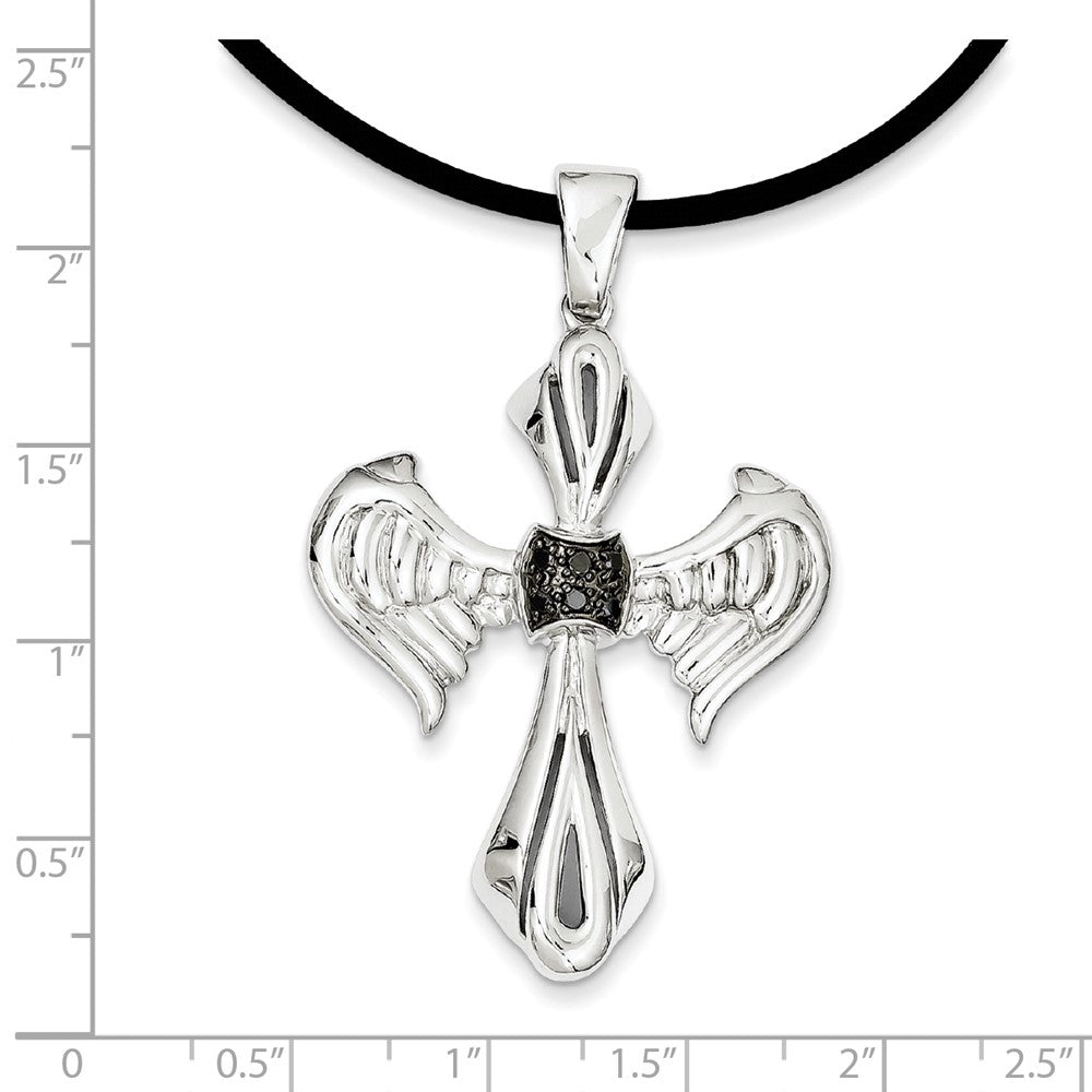 Sterling Silver Black Diamond Black Rhodium-plated Cross u0026 Wings Pendant