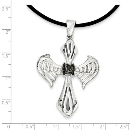 Sterling Silver Black Diamond Black Rhodium-plated Cross u0026 Wings Pendant