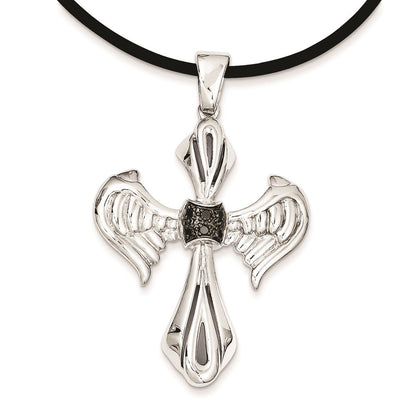 Sterling Silver Black Diamond Black Rhodium-plated Cross u0026 Wings Pendant