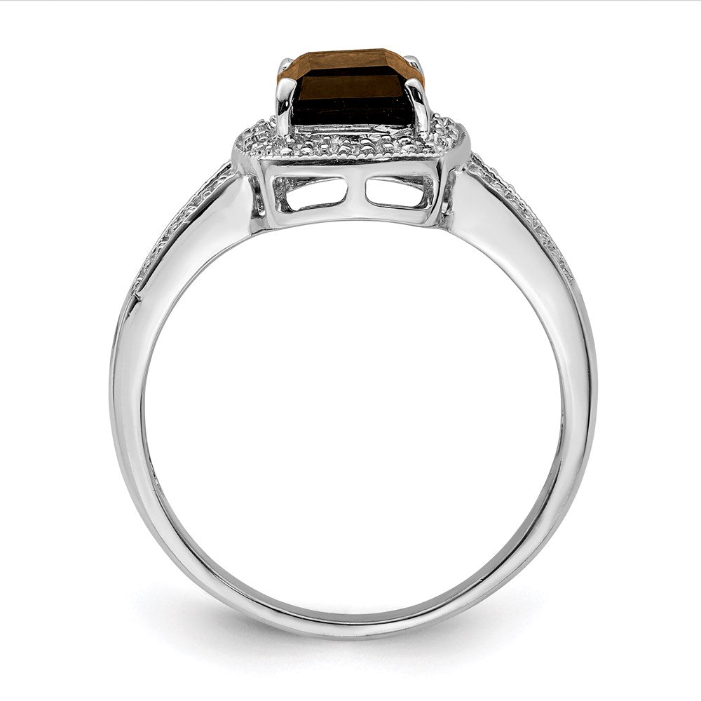 Sterling Silver Rhodium Emerald-cut Smoky Quartz u0026 Diamond Ring