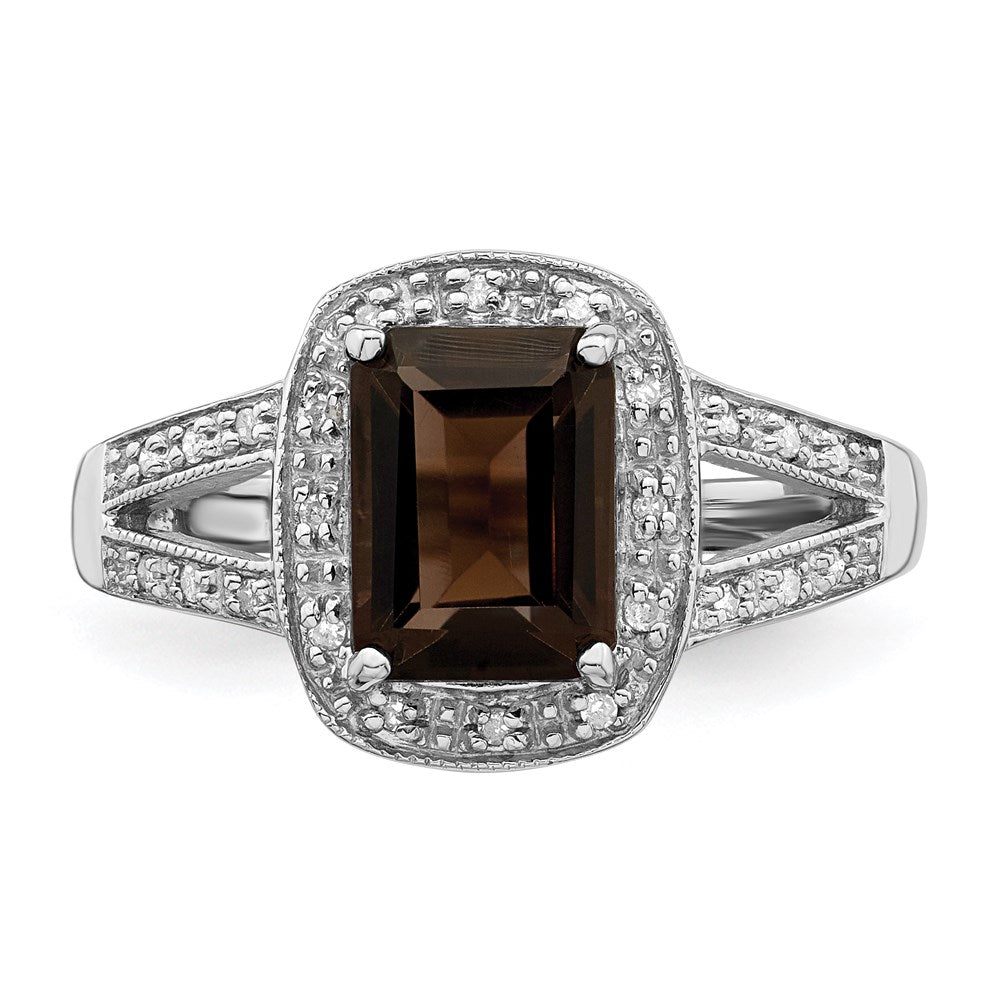 Sterling Silver Rhodium Emerald-cut Smoky Quartz u0026 Diamond Ring