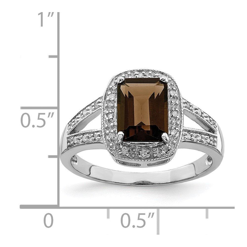 Sterling Silver Rhodium Emerald-cut Smoky Quartz u0026 Diamond Ring