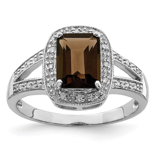 Sterling Silver Rhodium Emerald-cut Smoky Quartz u0026 Diamond Ring