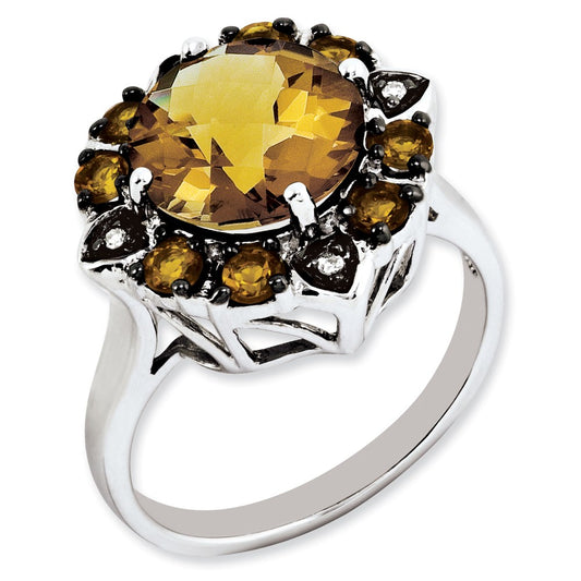 Sterling Silver Citrine, Whiskey Quartz u0026 Diamond Ring