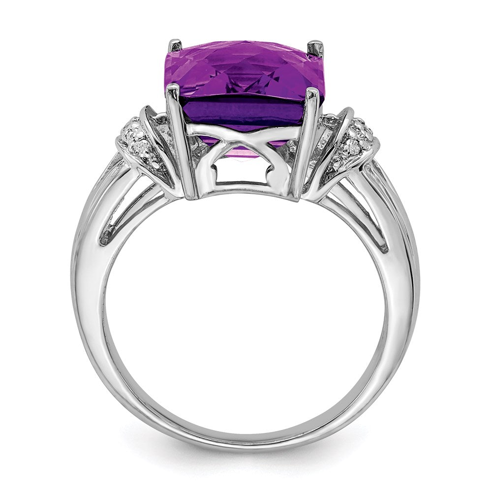 Sterling Silver Rhodium-plated Checker-Cut Amethyst u0026 Diamond Ring