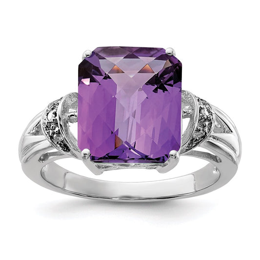 Sterling Silver Rhodium-plated Checker-Cut Amethyst u0026 Diamond Ring