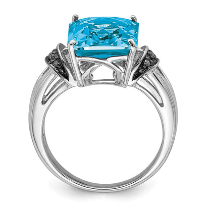Sterling Silver Rhodium Checker-Cut Swiss Blue Topaz u0026 Diamond Ring