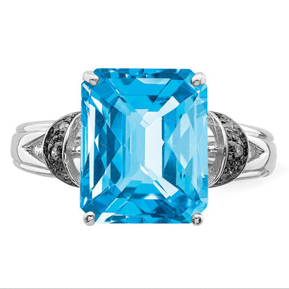Sterling Silver Rhodium Checker-Cut Swiss Blue Topaz u0026 Diamond Ring