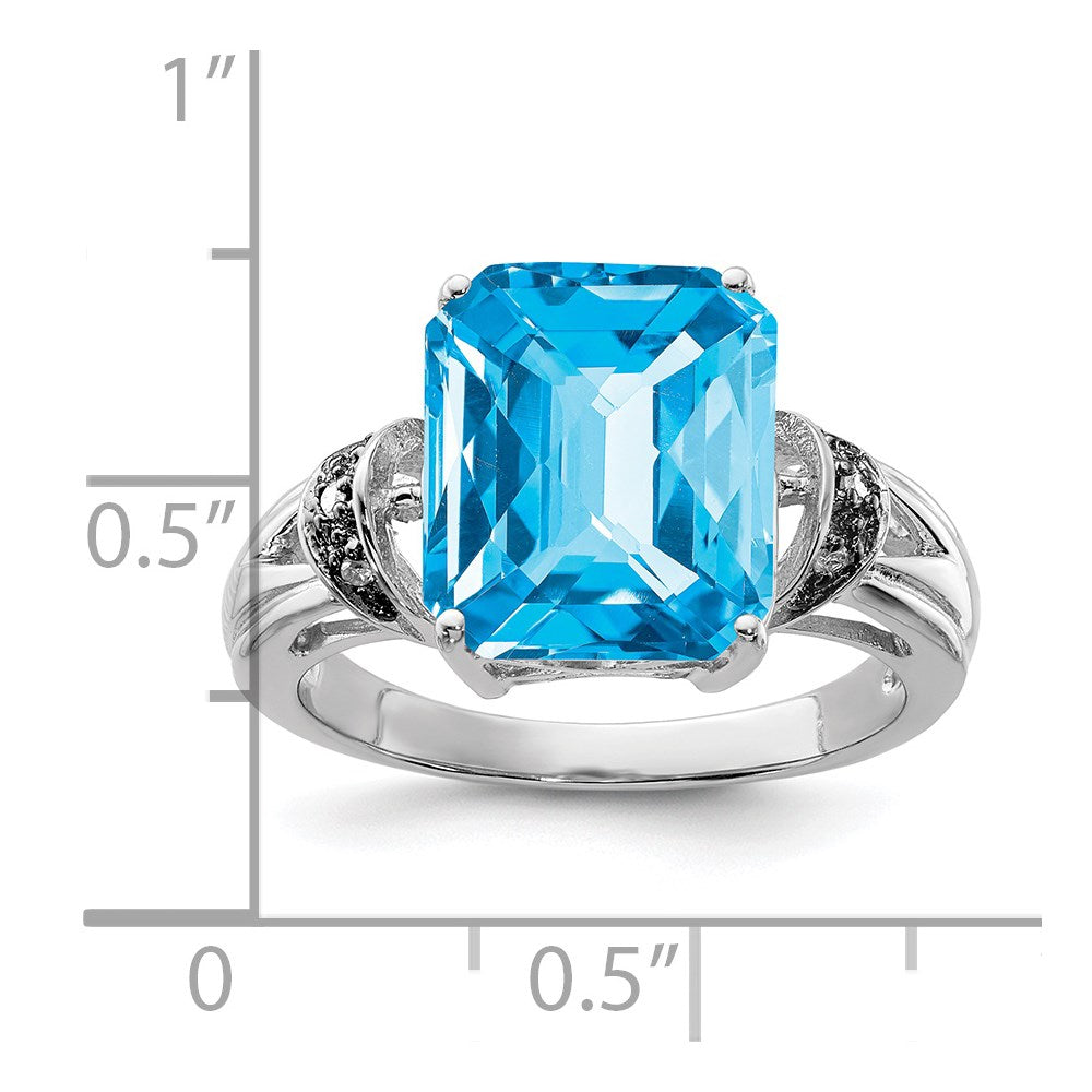 Sterling Silver Rhodium Checker-Cut Swiss Blue Topaz u0026 Diamond Ring