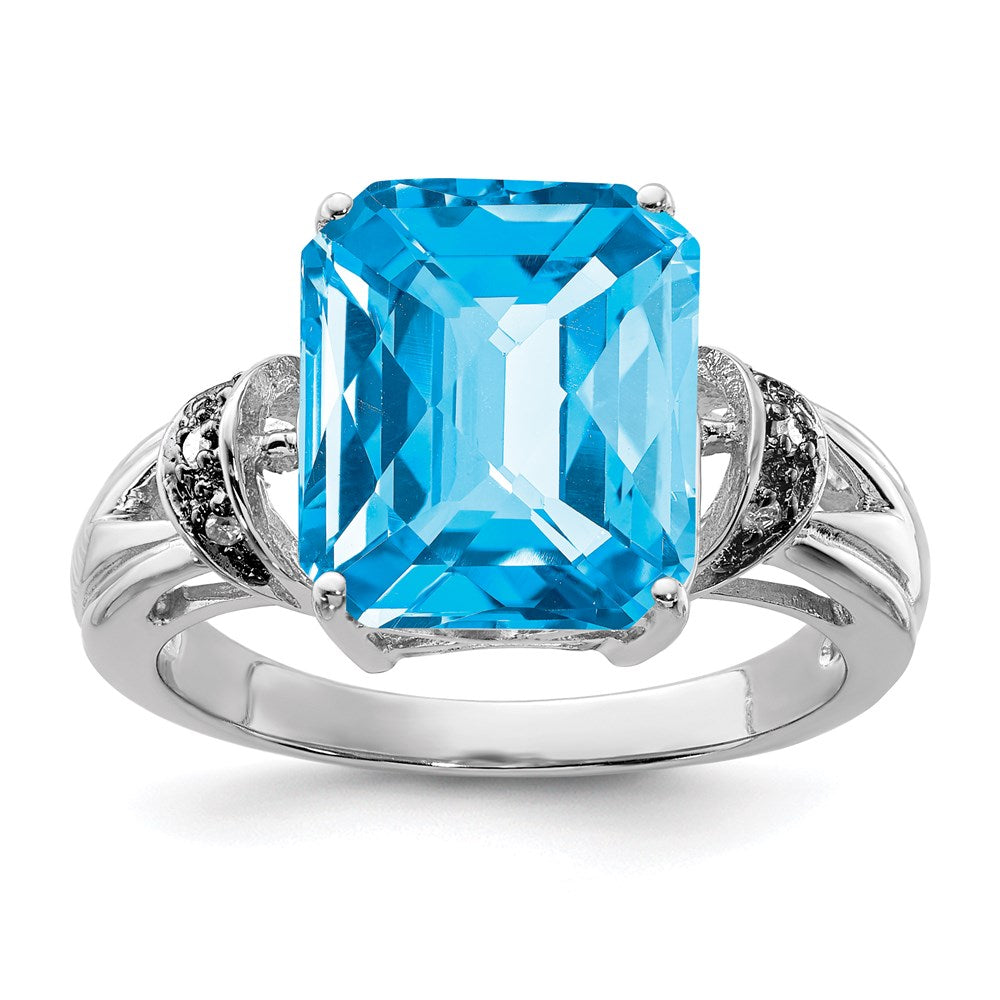 Sterling Silver Rhodium Checker-Cut Swiss Blue Topaz u0026 Diamond Ring