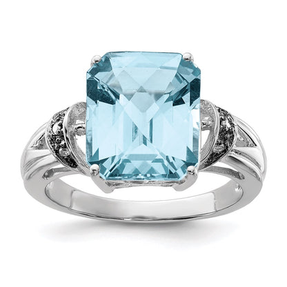 Sterling Silver Rhodium Checker-Cut Sky Blue Topaz u0026 Diamond Ring