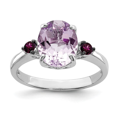 Sterling Silver Rhodium Pink Quartz u0026 Rhodolite Garnet Ring