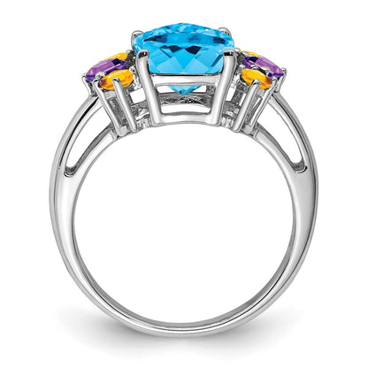 Sterling Silver Rhodium Light Swiss Blue, Amethyst u0026 Citrine Ring