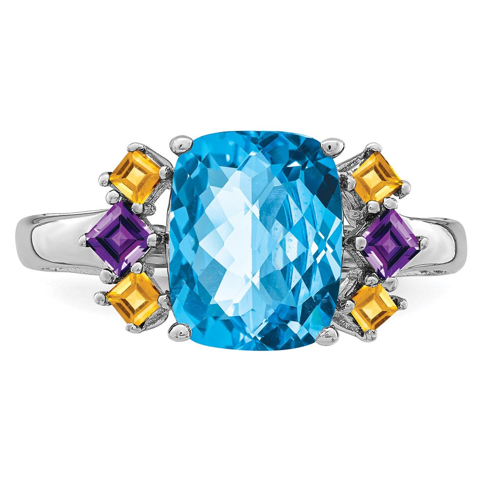 Sterling Silver Rhodium Light Swiss Blue, Amethyst u0026 Citrine Ring