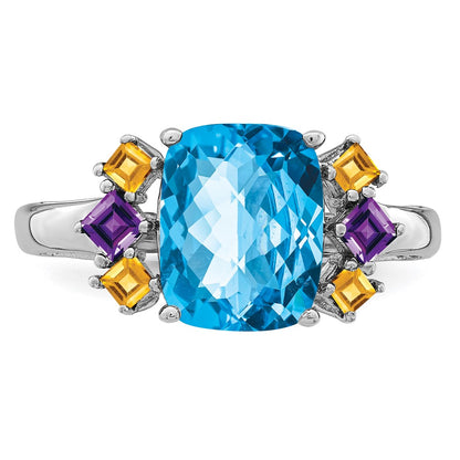 Sterling Silver Rhodium Light Swiss Blue, Amethyst u0026 Citrine Ring
