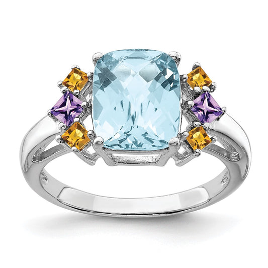 Sterling Silver Rhodium Light Swiss Blue, Amethyst u0026 Citrine Ring