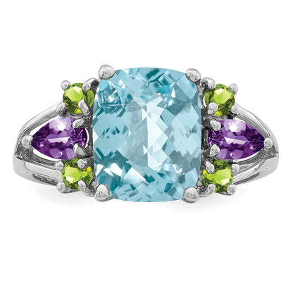 Sterling Silver Rhodium Light Swiss Blue Topaz, Amethyst u0026 Peridot Ring