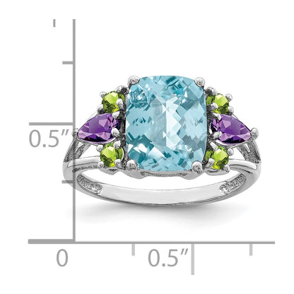 Sterling Silver Rhodium Light Swiss Blue Topaz, Amethyst u0026 Peridot Ring