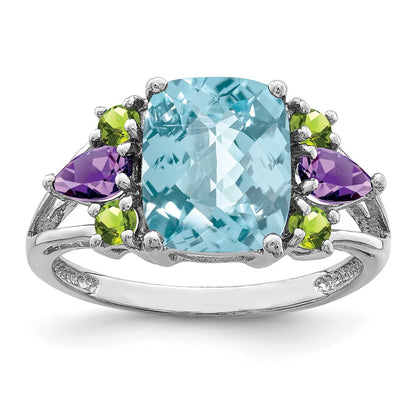 Sterling Silver Rhodium Light Swiss Blue Topaz, Amethyst u0026 Peridot Ring