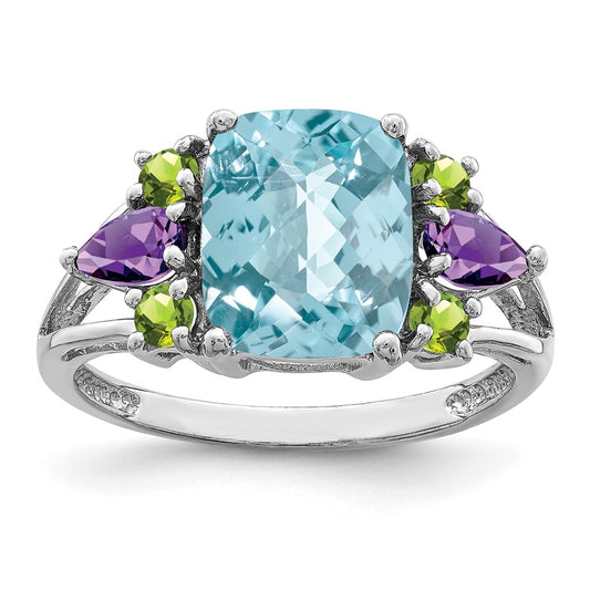 Sterling Silver Rhodium Light Swiss Blue Topaz, Amethyst u0026 Peridot Ring